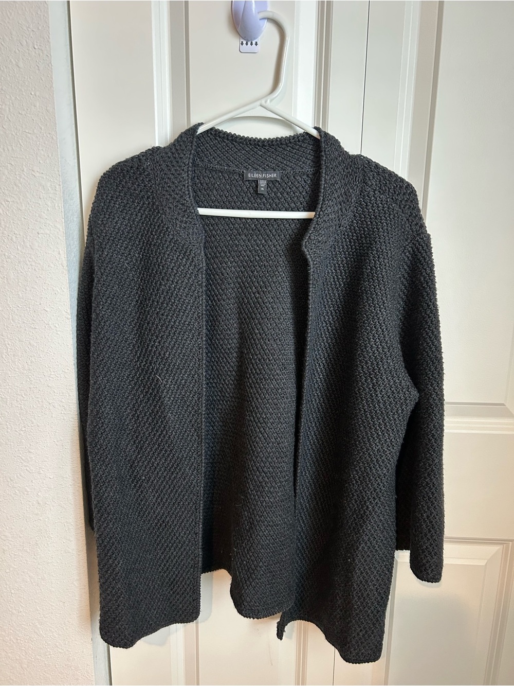 Eileen Fisher 100% Merino Wool Open Front Cardigan Textured Charcoal Gray